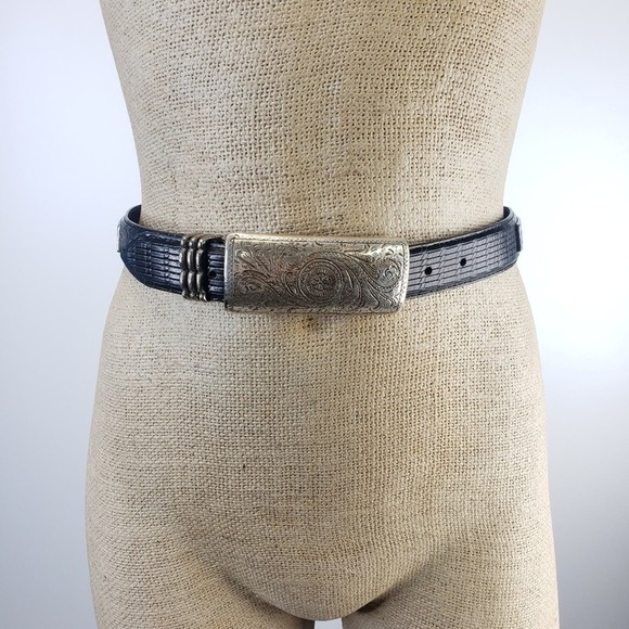 Black Leather Belt with Silver Buckle Italian Leather SZ 26 - Picture 1 of 5